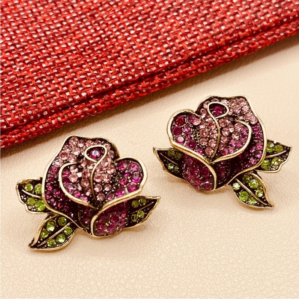 Elegant Rose-Shaped Earrings with Pink and Green Accents